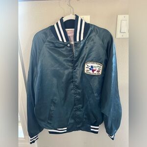 VINTAGE Westark Blue Satin Bomber Button Jacket with Patch Size Large